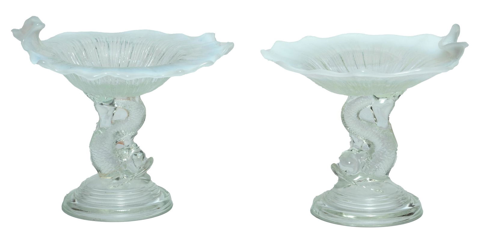 Glass Opalescent Compotes, Dolphin Stems C. 1900, H 5'' Dia. 6'' 1 Pair (1 of 3)