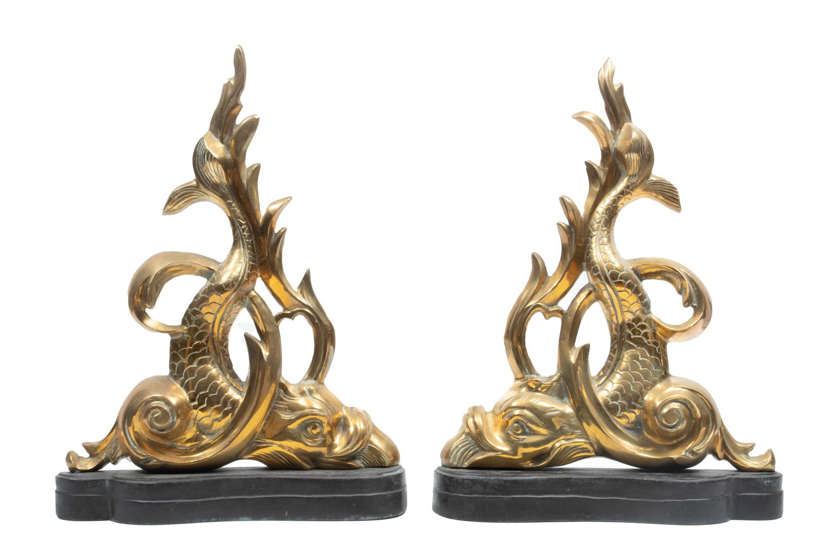 Dolphin Form Brass Fireplace Chenets H 22'' W 3.5'' L 16.5'' 1 Pair (1 of 4)