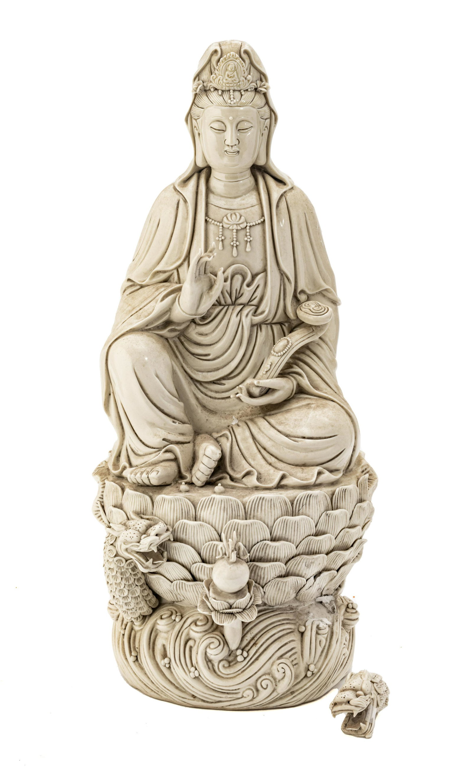 Chinese Dehua (Blanc De Chine) Guanyin Statue, H 24", Dia 10": Chinese Dehua (Blanc De Chine) Guanyin Statue, H 24", Dia 10" Blanc De Chine Guanyin Seated Upon A Lotus Throne. Character Marks On The Back Of The Figure.