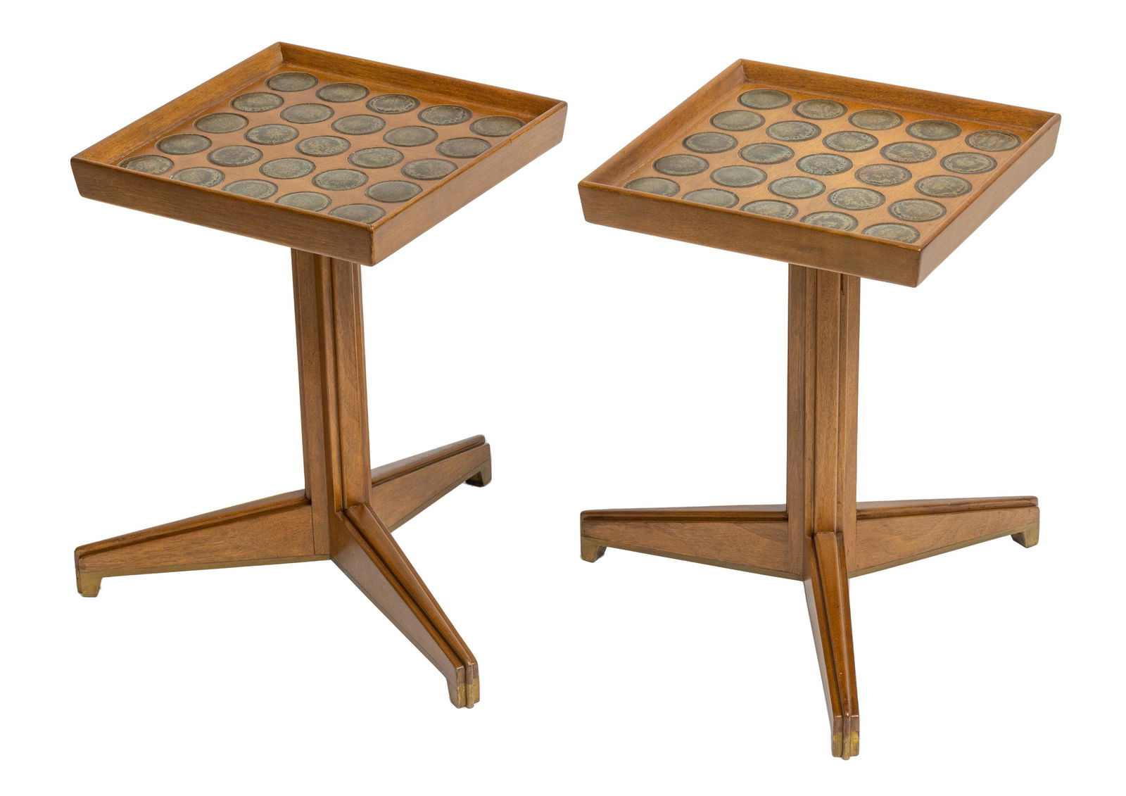 Edward Wormley (American, 1907-1995) Walnut, Natzler Ceramic Tiles, Brass Janus Occasional Tables (1 of 6)