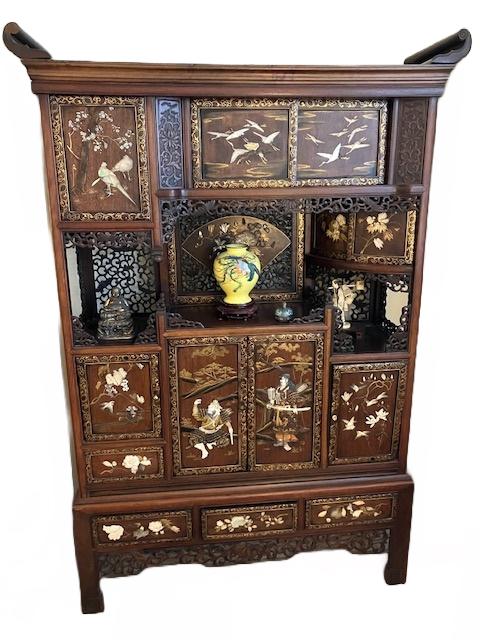 Japanese Shibayama Inlaid And Carved Teakwood Etagere C. 19th.c., H 75.5'' W 50.5'' Depth 16'' (1 of 14)