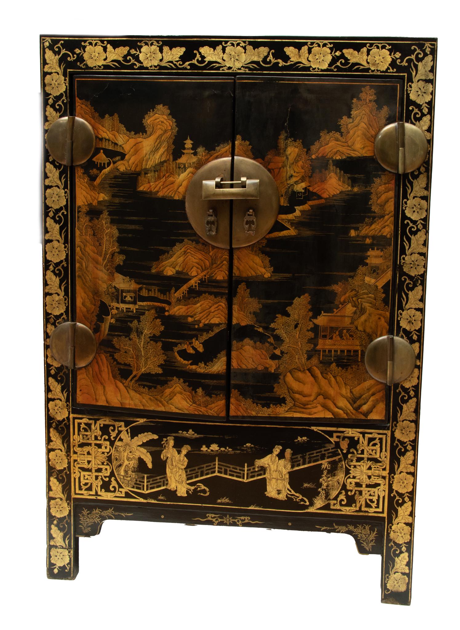 Chinese Black Lacquer Jin Painted Cabinet C. 18th.c., H 59'' W 40'' Depth 19'' (1 of 3)