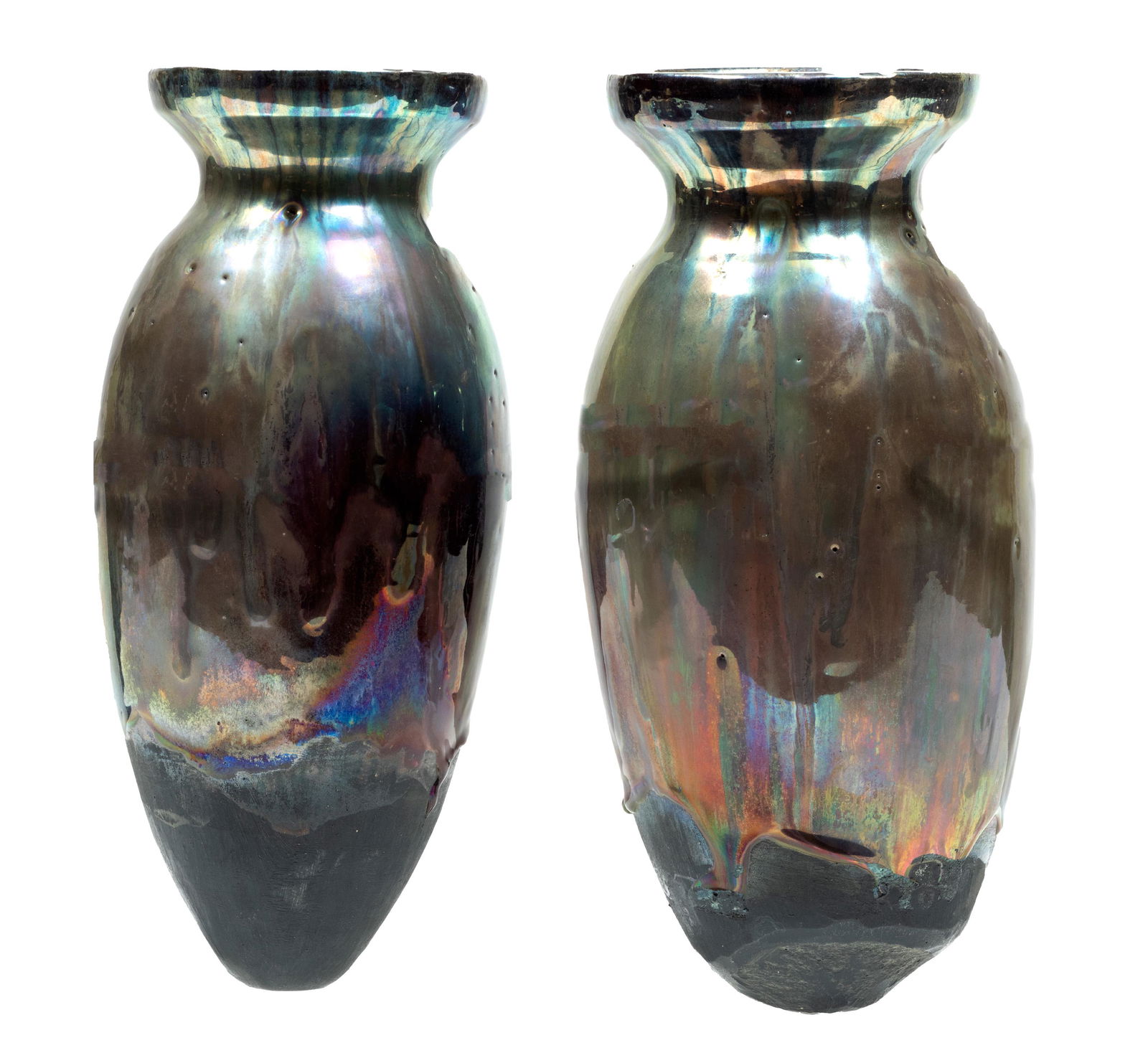 Pewabic Pottery (American, 1903) Iridescent Half-Glazed Hanging Vases, H 12'' Dia. 4.75'' 1 Pair (1 of 8)