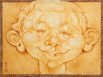 Martin Wong, (American, 1946-1999) Oil On Canvas C. 1978-1979, Alfred E. Neuman, H 36'' W 48'': Martin Wong, (American, 1946-1999) Oil On Canvas C. 1978-1979, Alfred E. Neuman, H 36'' W 48'' Alfred E. Neuman - Mad Magazine. Stamp lower left with two Chinese character seals over circular stamp: "
