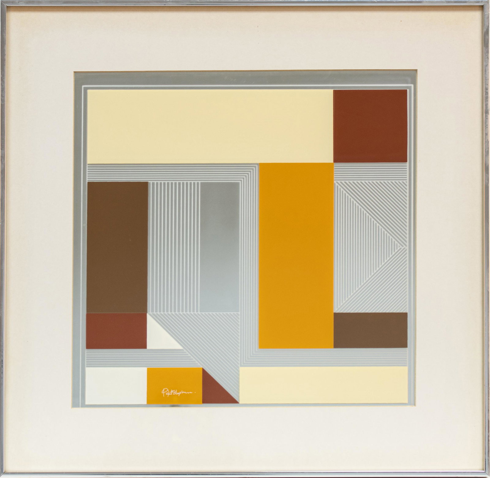 Pat Stephens, Minimalist Screenprint On Mirror, C. 1970, H 26.25'' W 26.25'': Pat Stephens, Minimalist Screenprint On Mirror, C. 1970, H 26.25'' W 26.25'' A circa 1970 Minimalist screenprint on mirror by Pat Stephens. Boasting a palette of burnt sienna, crimson, and yellow ochr