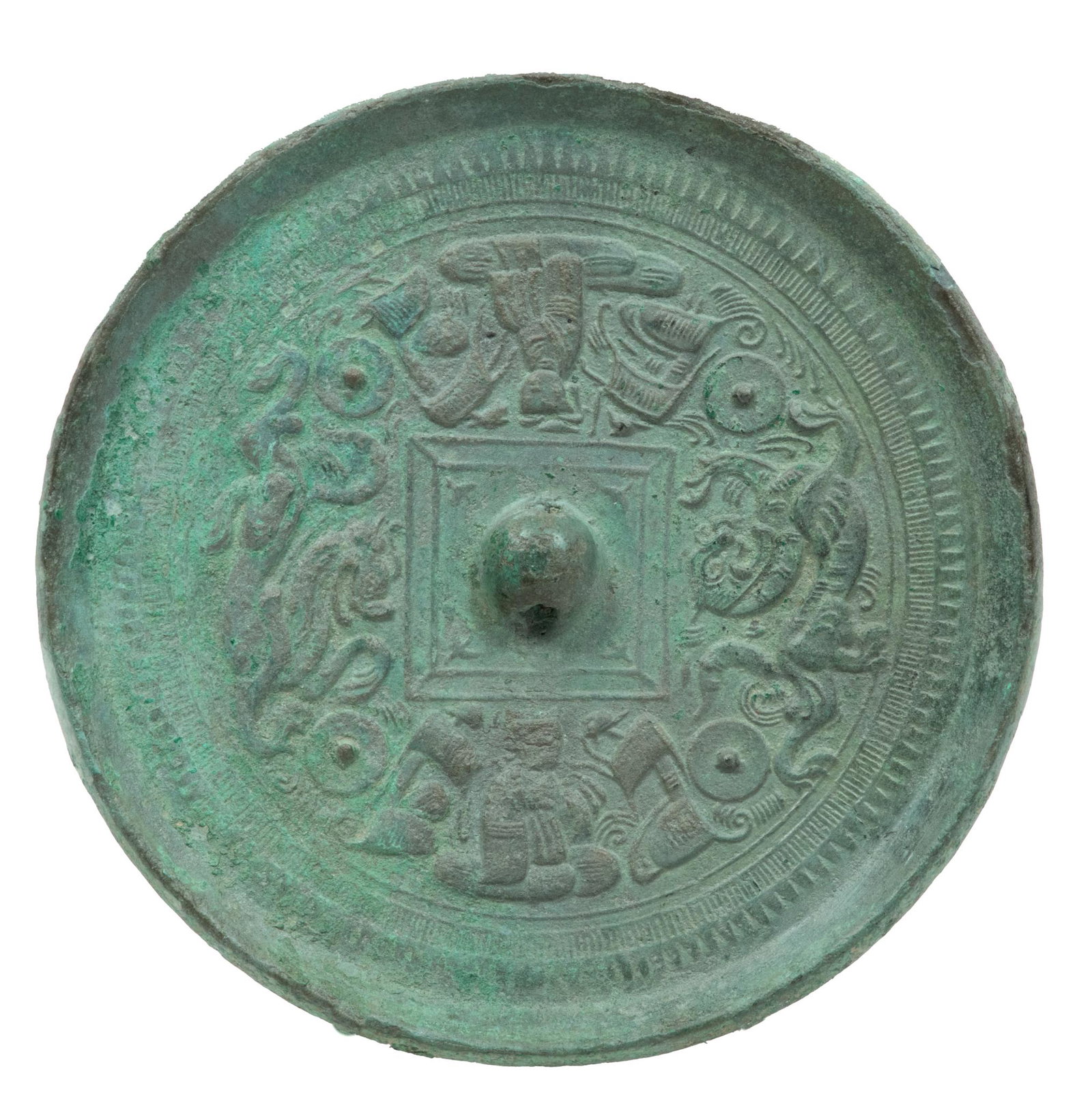 Bronze Ornamental Disc, Animal Motif H 0.3'' Dia. 6.2'': Bronze Ornamental Disc, Animal Motif H 0.3'' Dia. 6.2'' Well cast with raised animal design in low relief.