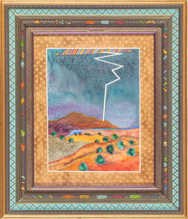 Fran Larsen (AMERICAN B. 1937) Watercolor In Hand Carved And Painted Polychrome Frame C. 1991, Pecos: Fran Larsen (AMERICAN B. 1937) Watercolor In Hand Carved And Painted Polychrome Frame C. 1991, Pecos Sun And Thunder, H 19.5'' W 15.5'' catalogue #9105-005 framed height 28.5'' x 24.5''', signed