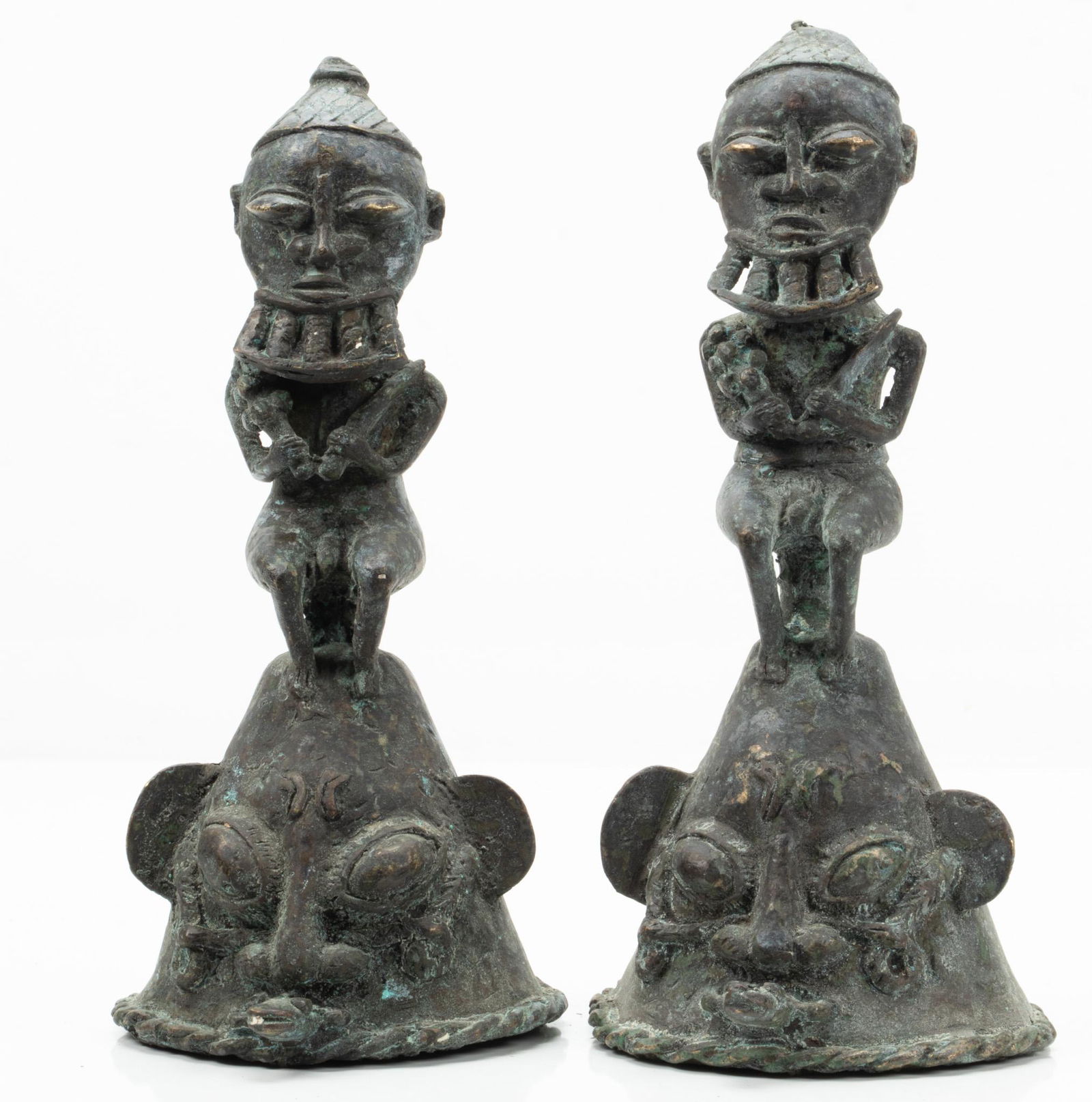 Bronze Benin Africa Cattlemen Drive Bells  H 9" (2) (1 of 4)