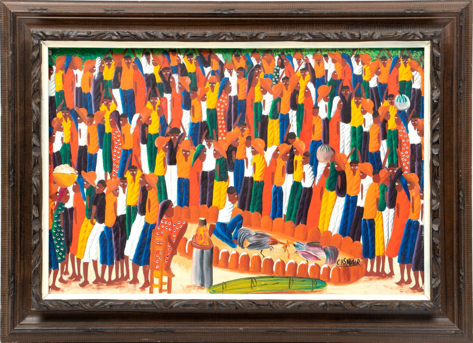 Laurent Casimir (Haitian, 1928-1990) Acrylic On Masonite, Cockfight, H 16'' W 24'': Laurent Casimir (Haitian, 1928-1990) Acrylic On Masonite, Cockfight, H 16'' W 24'' Signed in the lower right. Depicting figures gathered around to watch a cockfight. Having a carved wood frame, H 21.2