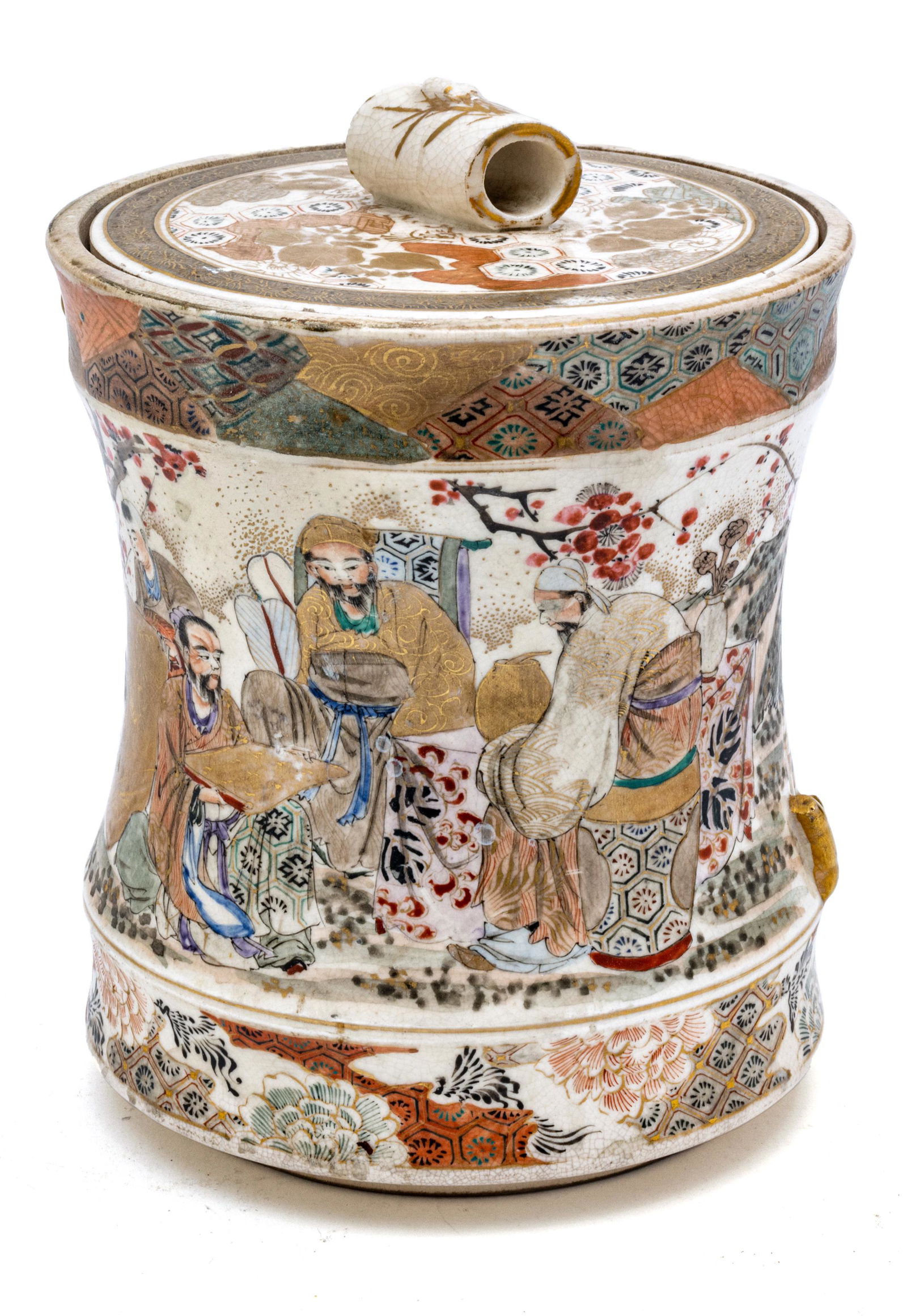 Japanese Satsuma Earthenware Covered Jar, H 7'' Dia. 6'' (1 of 6)