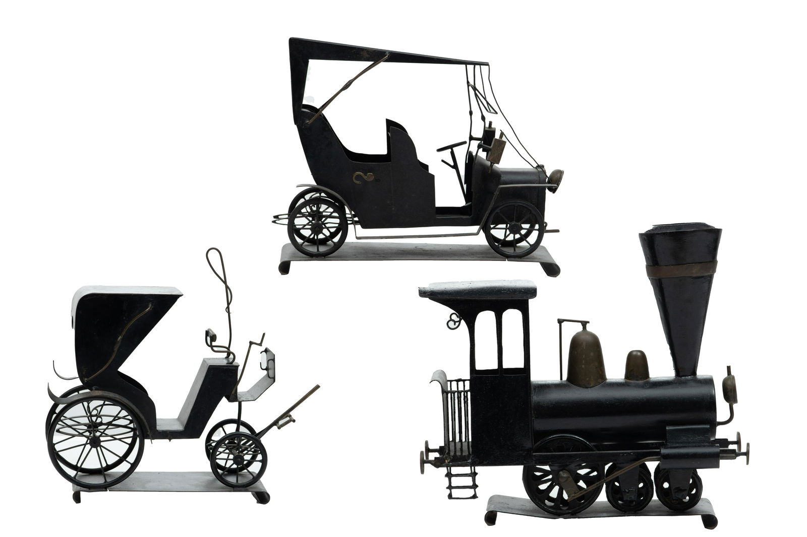 WerkstaÃ¤tte Hagenauer (Austrian)  Mid 20th C., Brass Locomotive, Automobile, And Buggy, 3 pcs (1 of 6)