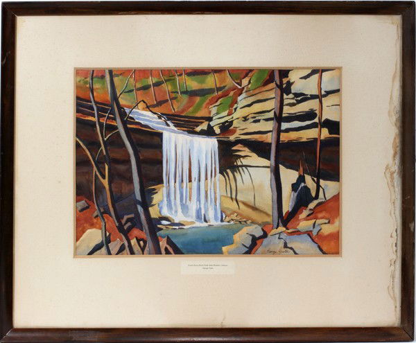 GEORGE YATER WATERCOLOR HIGH CLIFTY FALLS: GEORGE YATER (AMER. 1910-1993), WATERCOLOR 15" X 21" HIGH CLIFTY FALLS:signed lower right and inscribed on bottom matting: "Clifty Falls State Park Madison, Indiana George Yater" also titled on verso: