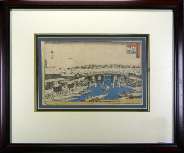 AFTER HIROSHIGE, WOODBLOCK PRINTS, 4 PCS.: AFTER HIROSHIGE, WOODBLOCK PRINTS, 4 PCS. 19 TH & 20TH C:first print Ando Hiroshige, 'Fujisawa', #7 from the 'Fifty-three Stations Of The Tokaido Road', Vertical series, c19th c, 13 1/2" x 9", framed 