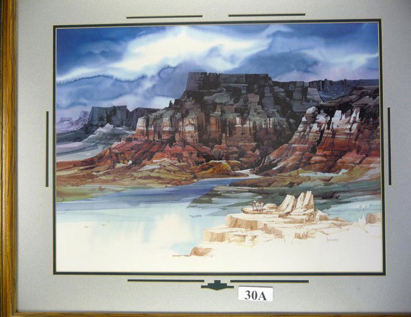 MICHAEL ATKINSON (AMER. B.1946) PRINT 19" X 25: MICHAEL ATKINSON (AMER. B.1946), PRINT 19" X 25", EMERALD MESA:depicts two horsemen in an American Southwest scene entitled: "Emerald Mesa", framed and matted under glass. Diversified Art, Inc. label