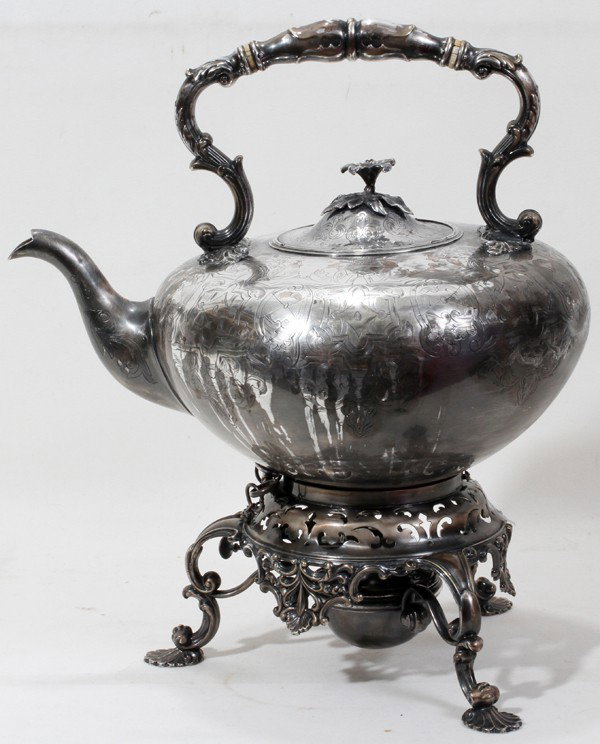 SILVER PLATE WATER KETTLE, H 13", W 12": SILVER PLATE WATER KETTLE, H 13", W 12":engraved body with mark inscribed: 'Probitas Verus Honus'; leaf design contoured handle, hinged lid with flower finial; 'JP' and makers mark (illegible) on unde