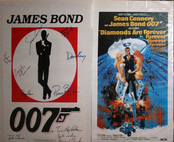 SIGNED JAMES BOND MOVIE POSTERS, 7, 40" X 27",: SIGNED JAMES BOND MOVIE POSTERS,7, 40" X 27", 'JAMES BOND 007' & 'DIAMONDS ARE FOREVER', ETC.:two autographed posters plus five unsigned posters; the two signed posters are , 'James Bond 007' signed b