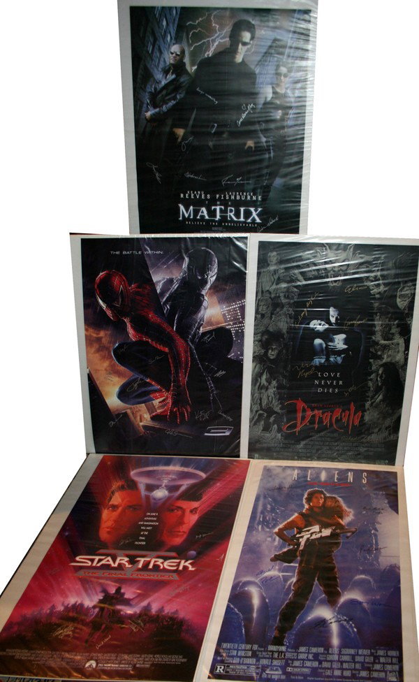 AUTOGRAPHED ACTION MOVIE POSTERS, 5 PCS., 40": AUTOGRAPHED ACTION MOVIE POSTERS, 5 PCS., 40" X 27":including: "Spider-Man 3 The Battle Within" signed by: Kristen Dunst, Toby Maguire, James Franco, J.K. Simmons, Thomas Haden Church, Topher Grace an