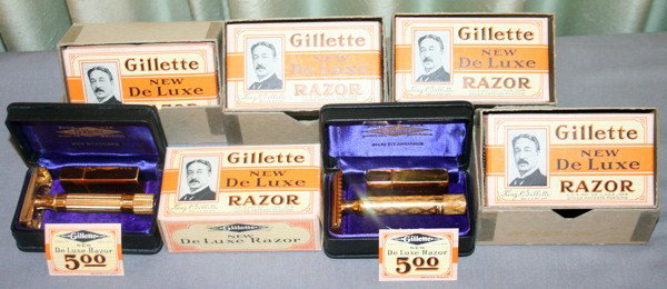 GILLETTE RAZOR KITS, C1920, 6: GILLETTE RAZOR KITS, C1920, 6:original brass safety razors with brass razor (gold) blade, box of 10 blades, satin and velvet fitted cases. Two with NRA stamps (National Recovery Act).