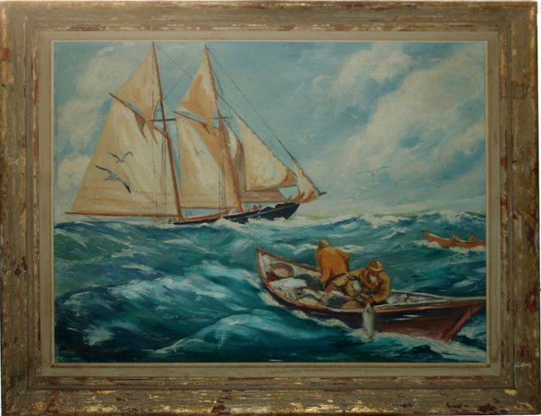 KARL LARSEN, OIL ON BOARD, 25" X 30", NAUTICAL: KARL LARSEN, OIL ON BOARD, 25" X 30", NAUTICAL SCENE:Signed lower left, in antiqued wooden frame.
