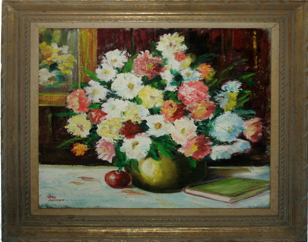 KARL LARSEN, OIL ON MASONITE, 24" X 26", FLORAL: KARL LARSEN, OIL ON MASONITE, 24" X 26", FLORAL STILL LIFE:signed lower left, still life of flowers , book, and apple, in antiqued frame.