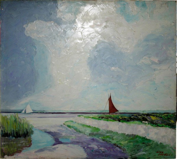 KARL LARSEN, OIL ON MASONITE, 22" X 24",: KARL LARSEN, OIL ON MASONITE, 22" X 24", SAILBOATS:depicts a seascape with sailboats in background; Unframed. Signed lower right.