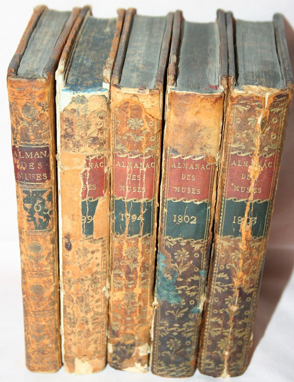 ALMANAC DES MUSES LEATHER BOUND, 5 VOLUMES: ALMANAC DES MUSES LEATHER BOUND, 5 VOLUMES:Five volumes, dated 1765 2nd edition; 1789 (detached board), 1794; 1802; 1803. Inside front boards. Mr. & Mrs. Edward Douglas Star Ex Libris'