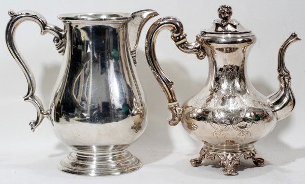 ALPHONSE DEBAIN .950 SILVER COFFEE POT, H 9": ALPHONSE DEBAIN .950 SILVER COFFEE POT, H 9", W 8", C. 1900, & AN INTERNATIONAL STERLING PITCHER: Including 1 .950 silver coffee pot by Alphonse Debain with an elaborately styled handle, feet and a fr