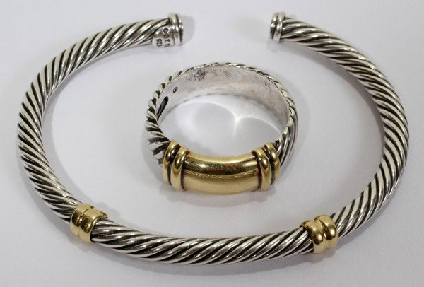DAVID YURMAN 'CABLE STERLING & 18 KT GOLD RING: DAVID YURMAN 'CABLE STERLING & 18 KT YELLOW GOLD RING & BRACELET:Each stamped with maker's initials as well as "925 750". Ring is a size 10 1/2. Totaling approximately 0.840 trz.