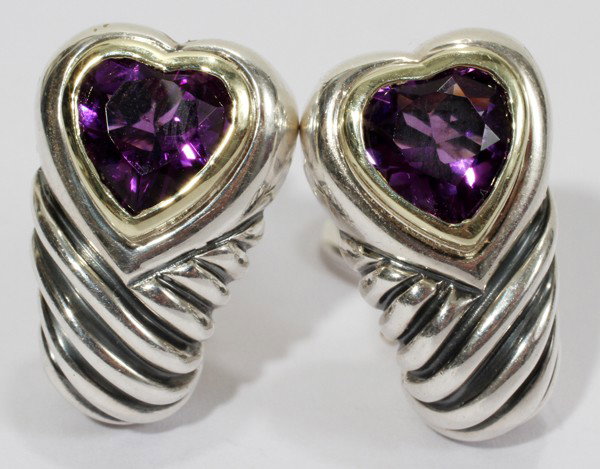 DAVID YURMAN STERLING, GOLD & AMETHYST EARRINGS: DAVID YURMAN STERLING, 14 KT YELLOW GOLD & AMETHYST EARRINGS, PAIR:Stamped with maker's initials and "925 585", Totaling approximately 0.385 trz.