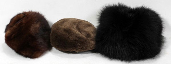 BEAVER, FOX & MINK LADY'S ACCESSORIES 3 PIECES: BEAVER, FOX & MINK LADY'S ACCESSORIES THREE PIECES:Featuring a mink hat, a beaver hat and a black fox muff/purse.