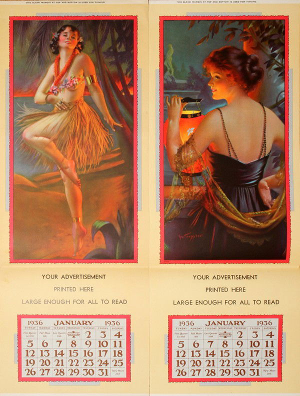 VINTAGE SAMPLER CALENDAR, TWO, 1936: VINTAGE SAMPLER CALENDAR, TWO, 1936:Each calendar features a female figure.