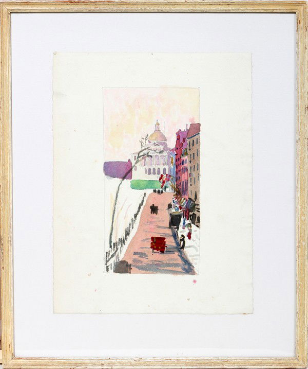 EDMUND QUINCY, WATERCOLOR ON PAPER, 9" X 4 1/2": EDMUND QUINCY, WATERCOLOR ON PAPER, 9" X 4 1/2" (IMAGE), 'BOSTON STATE HOUSE': (AMERICAN 1903-1997):Nicely colored image depicts a street view of Boston State House. Under glass and float framed with
