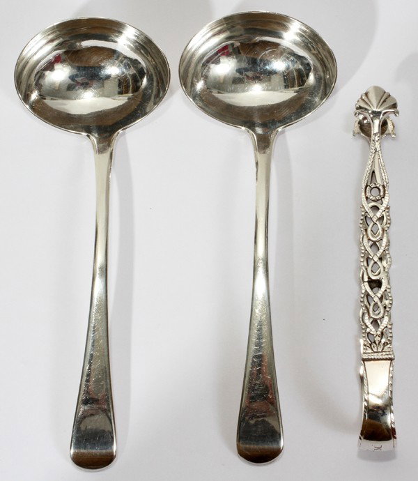 GEORGE III STERLING LADLES (2) & SUGAR TONGS, : GEORGE III STERLING LADLES (2) & SUGAR TONGS, L 7":Including a set of 2 sterling silver ladles by Christopher & T. W. Barker, London, 1803-04, L.7", hallmarks; and 1 sterling silver sugar tongs marked