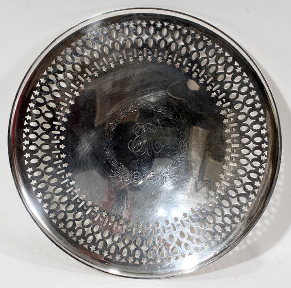 GORHAM STERLING COMPOTE, H 1 1/2", DIA 10 1/2": GORHAM STERLING COMPOTE, H 1 1/2", DIA 10 1/2": With a pierced rim; monogrammed. Stamped with trademark logo along with 1666