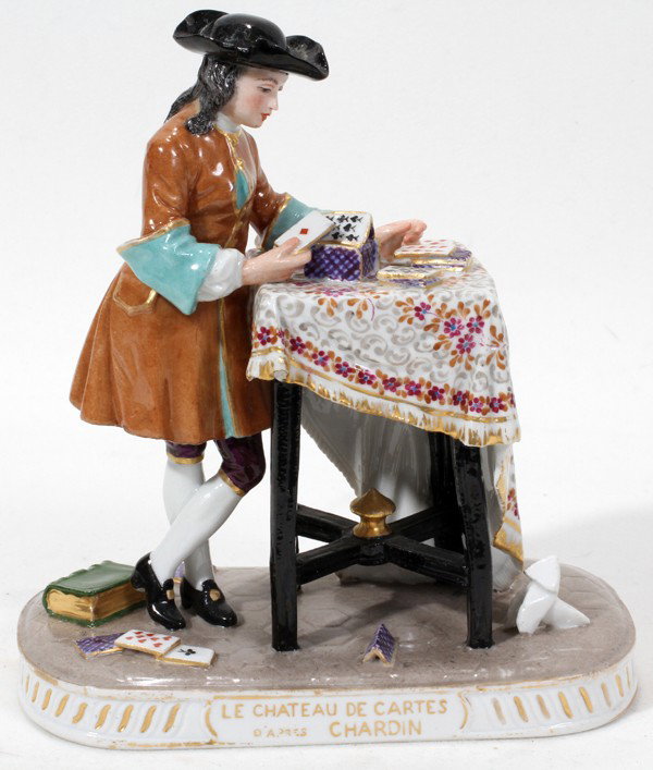FRENCH PORCELAIN FIGURE, H 6" ,: FRENCH PORCELAIN FIGURE, H 6" ,'LE CHATEAU DE CARTES' AFTER CHARDIN:Entitled "Le Chateau de Cartes" after Chardin; modeled as an 18th century man building a chateau of cards. Under glaze blue mark of 