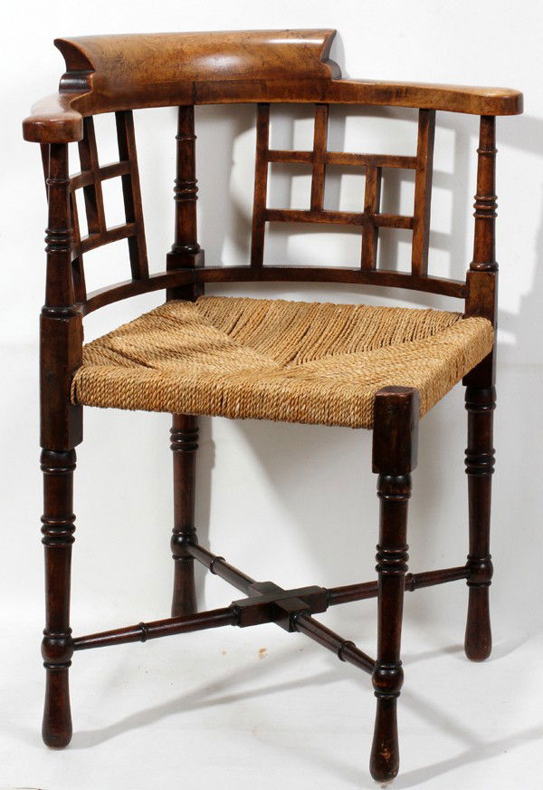ENGLISH 19TH C. WALNUT CORNER CHAIR: ENGLISH 19TH C. WALNUT CORNER CHAIR:Rope seat.H 27" W 22". Purchased from Frieda Goodman.