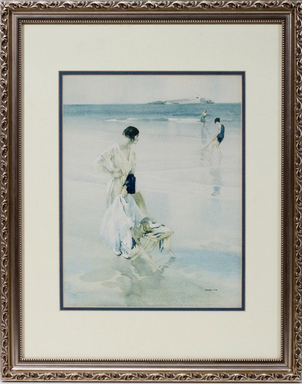 SIR WILLIAM RUSSELL FLINT COLOR COLLOTYPE,: SIR WILLIAM RUSSELL FLINT (1880-1969), COLOR COLLOTYPE, 12" X 9", WOMEN AT THE BEACH:Double matted under glass, framed, 19 1/2" x 15 1/2" overall.
