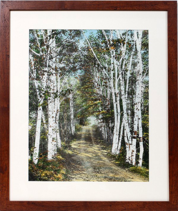 WALLACE NUTTING COLORED PHOTOGRAPH, BIRCH TREES: WALLACE NUTTING (1861-1941), COLORED PHOTOGRAPH, 18 1/2" X 14 1/2" IMAGE SIZE, BIRCH TREES:Hand-colored photograph depicting a rural dirt road flanked by birch trees; signed in black ink lower right, 