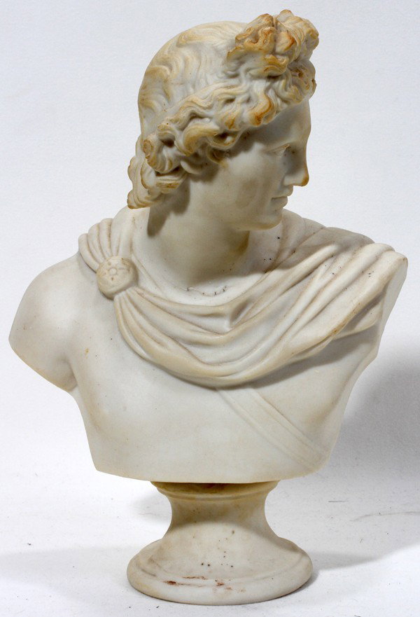 ENGLISH PARIAN BUST OF APOLLO, LATE 19TH C.,: ENGLISH PARIAN BUST OF APOLLO, LATE 19TH C., H 9 1/4":On a socle base, unmarked.