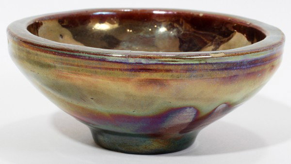 PEWABIC POTTERY BOWL, C. 1930, H 1 3/4", DIA 4": PEWABIC POTTERY BOWL, C. 1930, H 1 3/4", DIA 4":Diminutive bowl is covered with an exquisite lustrous glaze, which is primarily of a red, with copper undertones, and hints of blue and green. Impressed