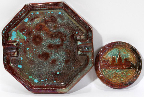 PEWABIC POTTERY TILE & ASH TRAY, C. 1930'S, : PEWABIC POTTERY TILE & ASH TRAY, C. 1930'S, DIA 3", W 5 3/4":Including 1 round tile which displays the city skyline of Detroit, with 1935 incised underneath the scene and 1 Art Deco ashtray with a ric