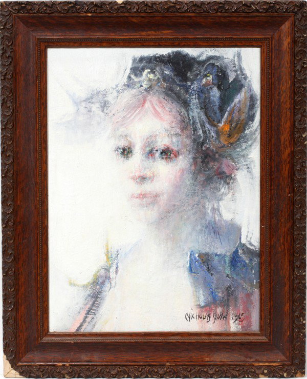 NICHOLAS SNOW OIL ON BOARD, 1965, PORTRAIT: NICHOLAS SNOW (20TH C.), OIL ON BOARD, 1965, 15 1/2" X 11 1/2", PORTRAIT:Portrait of a lady; signed and dated lower right, framed.