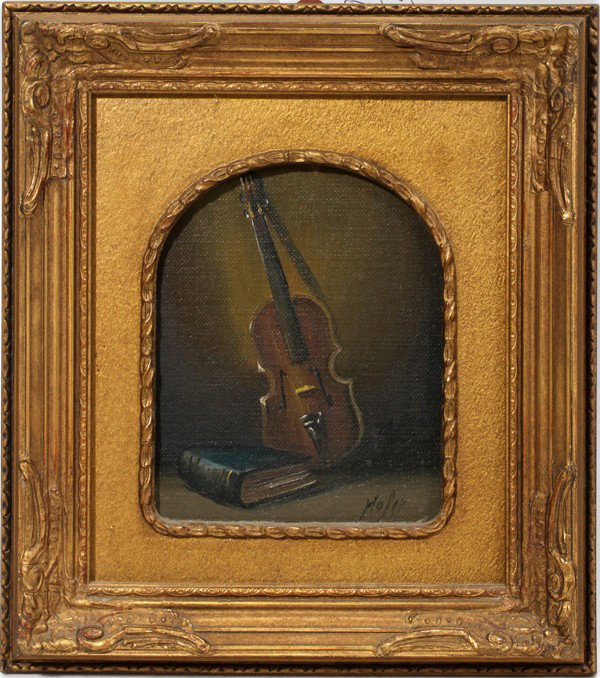 HOFER OIL ON MASONITE, 5 1/2" X 4 1/4", : HOFER (20TH C.), OIL ON MASONITE, 5 1/2" X 4 1/4", STILL LIFE OF VIOLIN & BOOK:Signed lower right, framed.
