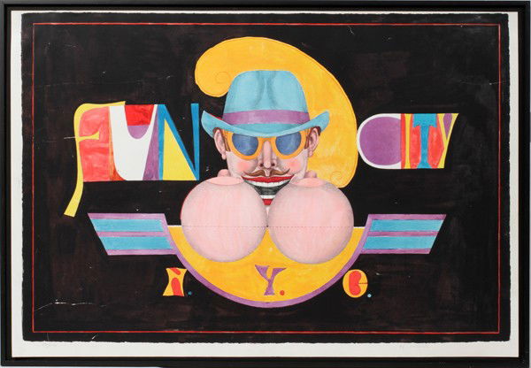 RICHARD LINDNER COLOR LITHOGRAPH, #52/175,: RICHARD LINDNER (1901-78), COLOR LITHOGRAPH, #52/175, 28" X 42", 'FUN CITY N.Y.C.':Pencil signed, numbered, framed. Richard Lindner, American/German, 1901-1978.