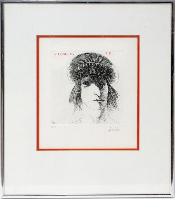 LEONARD BASKIN ETCHING, 1978, 8" X 9", : LEONARD BASKIN (1922-2000), ETCHING, 1978, 8" X 9", 'DE HOOGHE'S SIBYL':Portrait. Pencil signed. Artist proof. Size is image only. Baskin, American 1922 - 2000.