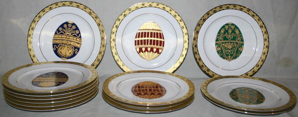 MUIRFIELD 'CELEBRITY' PORCELAIN PLATES, # 9408: MUIRFIELD 'CELEBRITY' PORCELAIN PLATES, # 9408, FOURTEEN, DIA 8 1/2":Each is decorated with fired gold rims and a Faberge style egg at the well, includes 3 green, 4 red and 7 blue.