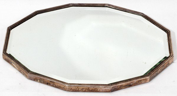 SILVER & BEVELED GLASS PLATEAU MIRROR, : SILVER & BEVELED GLASS PLATEAU MIRROR, L 13" X 10":Twelve-sided .900 silver frame.