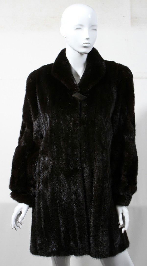 KAY ANOS THREE-QUARTER RANCH MINK COAT, L 35": KAY ANOS THREE-QUARTER RANCH MINK COAT, L 35":Sweep is 50". With label. From the Estate of Gloria Vuici - Smith, Grosse Pointe, Mi.