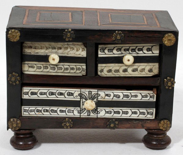 GERMAN ANTIQUE MINIATURE CHEST, H 3", W 5",: GERMAN ANTIQUE MINIATURE CHEST, H 3", W 5", BONE INLAY:Three drawers faced in bone. W 4 7/8". H 3 1/2".