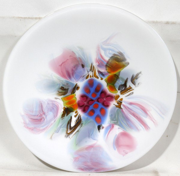 STEVE PALMER GLASS CHARGER, 'WILDFLOWERS', : STEVE PALMER GLASS CHARGER, 'WILDFLOWERS', DIA 14 1/4":White ground with bright colors in center, wc 1213.
